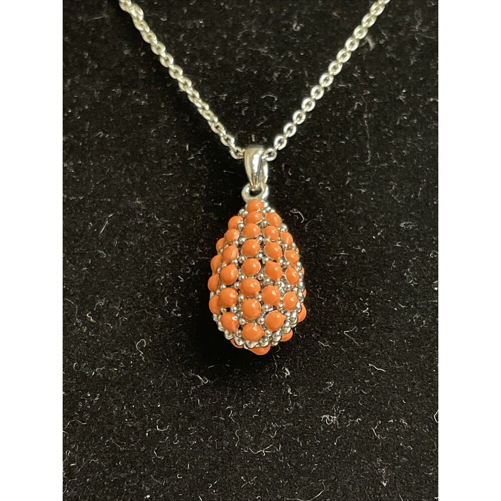 VTG Signed Joan Rivers Silver Tone Orange Acrylic Egg Pendant 18-21” Necklace
